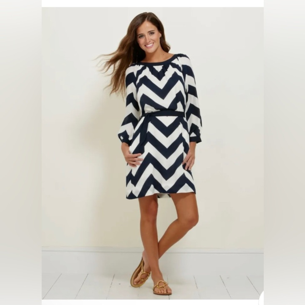 ✨⚡️Vineyard Vines Sz 6 Silk Blue White Chevron Dress 3/4 Sleeve V-neck Nautical